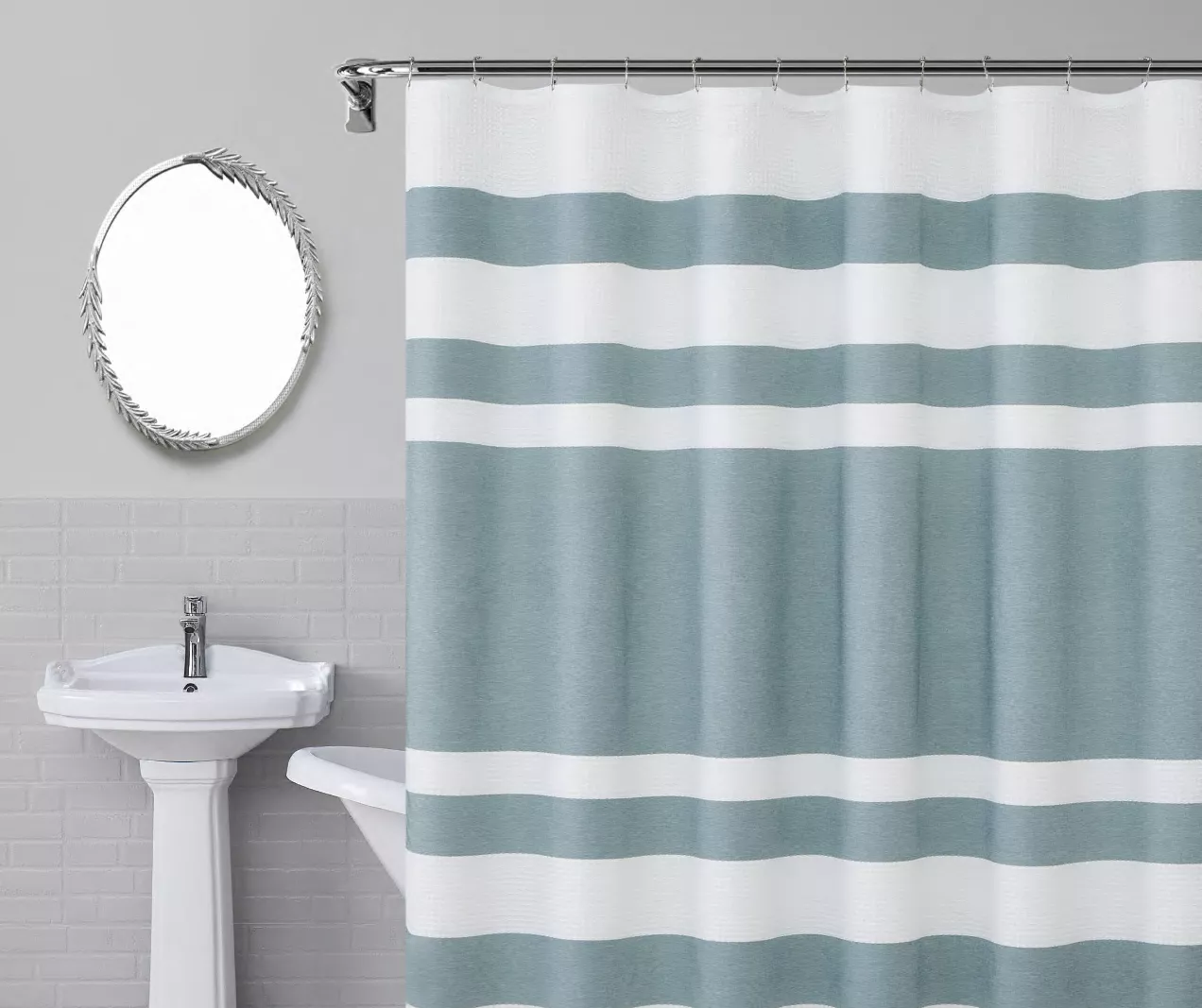 Slate Blue & White Color Block Waffle-Knit Fabric Shower Curtain 1 Slate Blue & White Color Block Waffle-Knit Fabric Shower Curtain