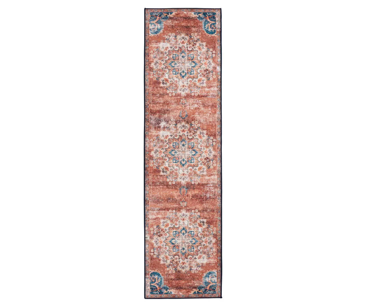 Cleo Rust & Blue Mandala Runner Rug, (2' X 7') 1 Cleo Rust & Blue Mandala Runner Rug, (2' X 7')