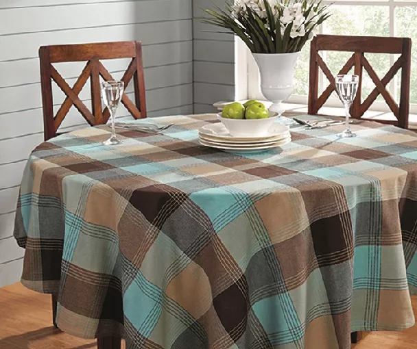 Mineral Blue & Brown Plaid Cotton Tablecloth 1 Mineral Blue & Brown Plaid Cotton Tablecloth