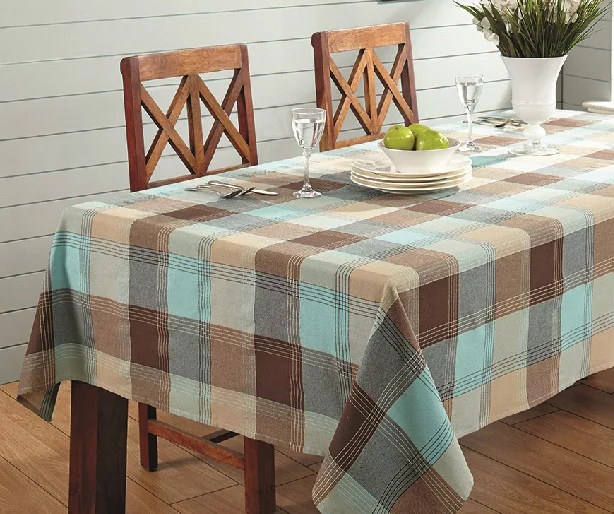 Mineral Blue & Brown Plaid Cotton Tablecloth 2 Mineral Blue & Brown Plaid Cotton Tablecloth - Image 2