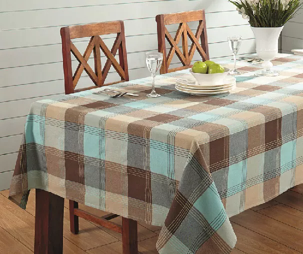 Mineral Blue & Brown Plaid Cotton Tablecloth 3 Mineral Blue & Brown Plaid Cotton Tablecloth - Image 3