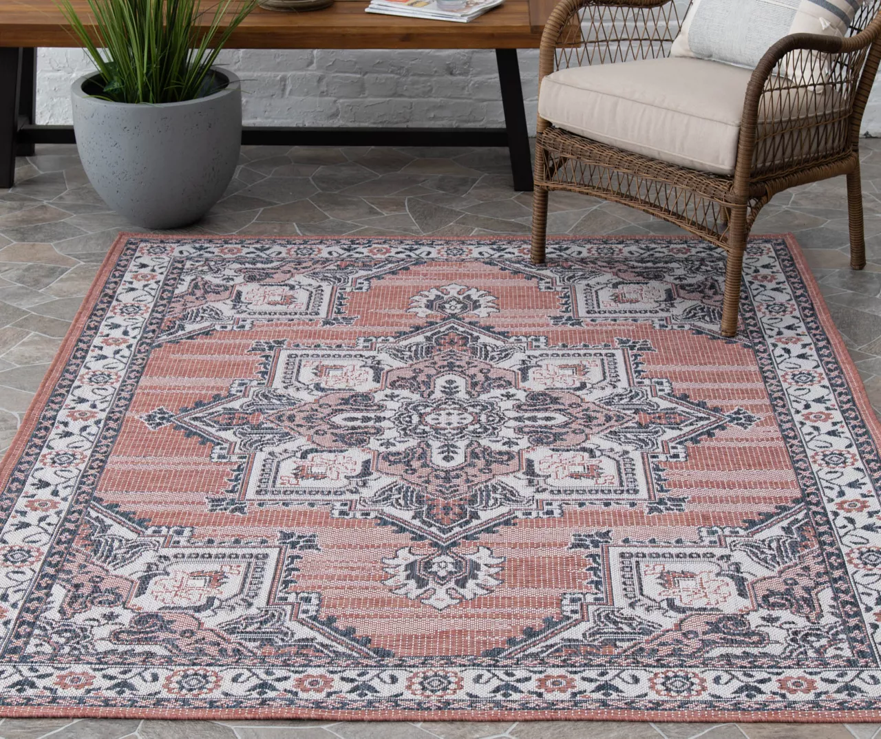 Braiden Orange & Navy Floral Medallion Outdoor Area Rug, (8' X 10') 2 Braiden Orange & Navy Floral Medallion Outdoor Area Rug, (8' X 10') - Image 2