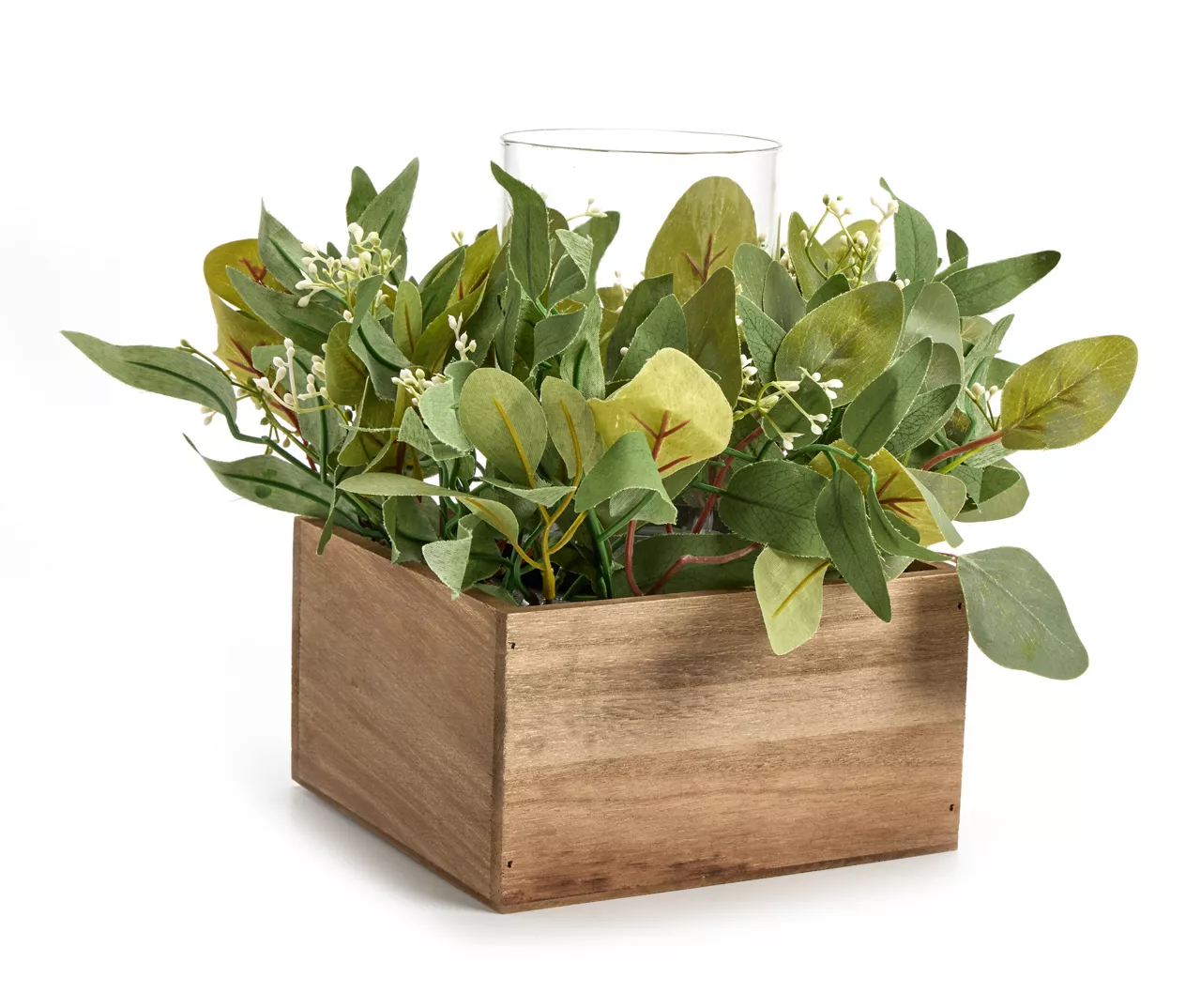 Artificial Greenery With Brown Square Wood Pot & Glass Hurricane 1 Artificial Greenery With Brown Square Wood Pot & Glass Hurricane