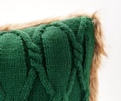 Green Cable-Knit Faux Fur-Trim Throw Pillow -Broyhill 810616930 A8 1
