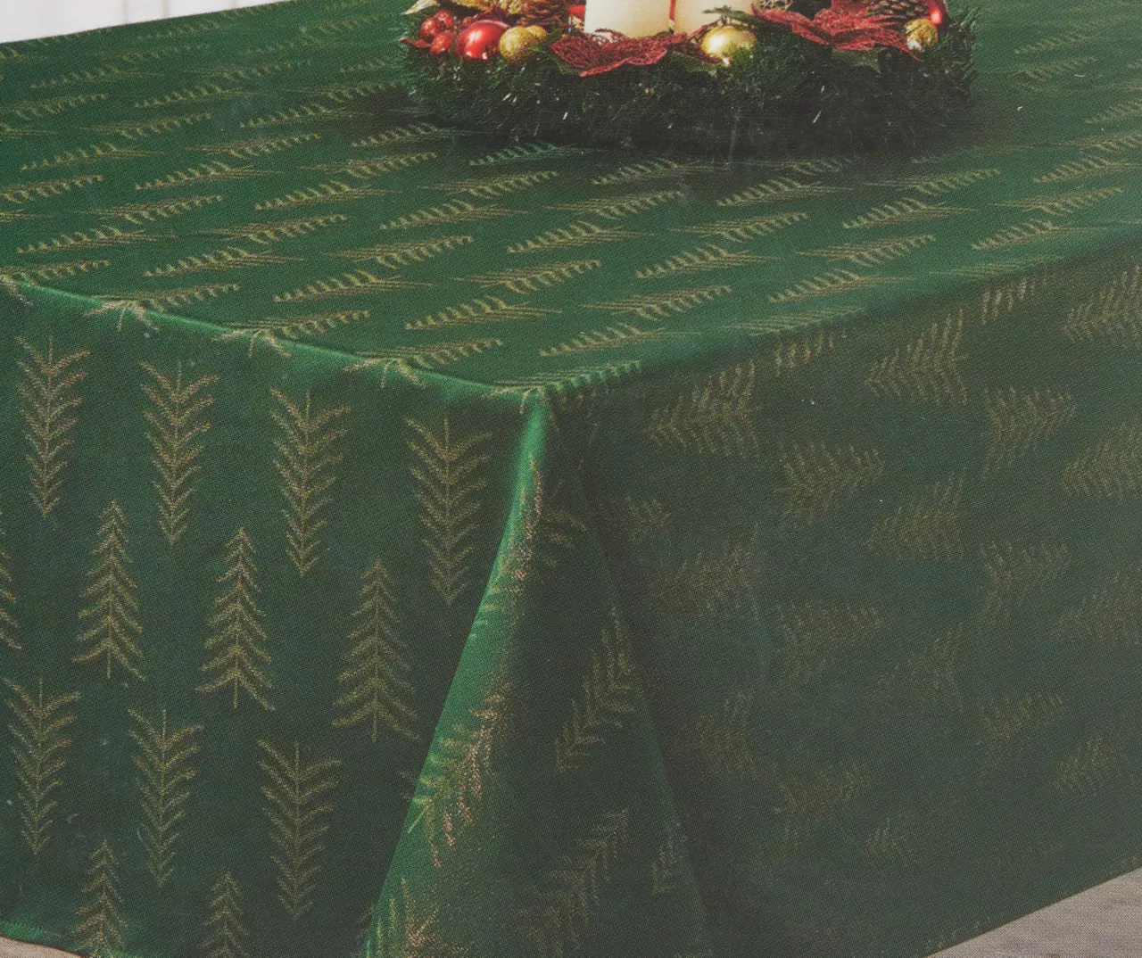 Broyhill Festive Gathering Green & Gold Trees Fabric Tablecloth 1 Broyhill Festive Gathering Green & Gold Trees Fabric Tablecloth